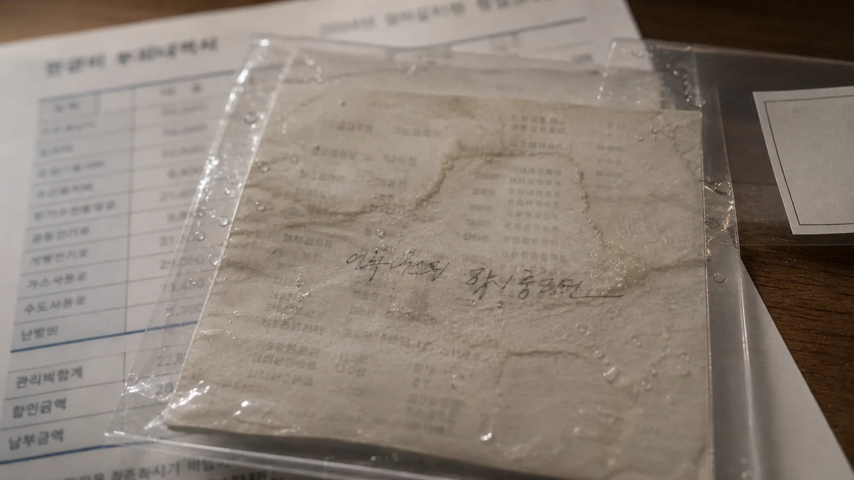 비닐 봉투 안에 봉인된 젖은 택시 영수증 뒷면