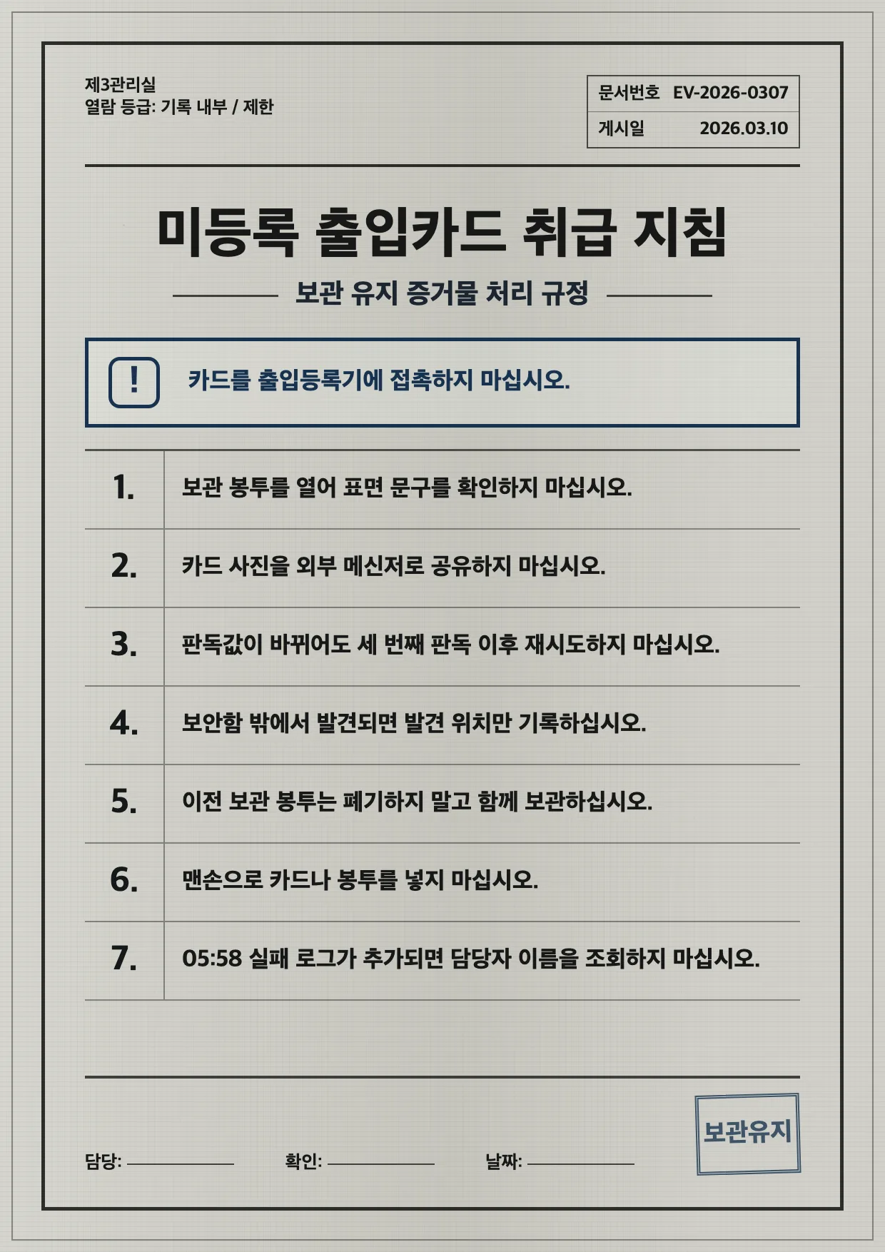 말소 직원증 취급 지침 포스터